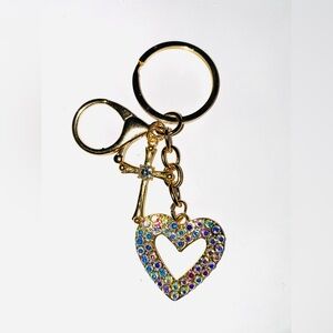Rhinestone Heart w/Cross Charm Keychain.